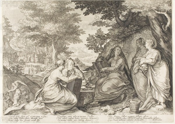 Plate One, from Five Wise and Five Foolish Virgins, 1606, Jan Saenredam, Netherlandish, 1565-1607, Netherlands, Engraving on paper, 265 x 367 mm (sheet, trimmed to platemark)