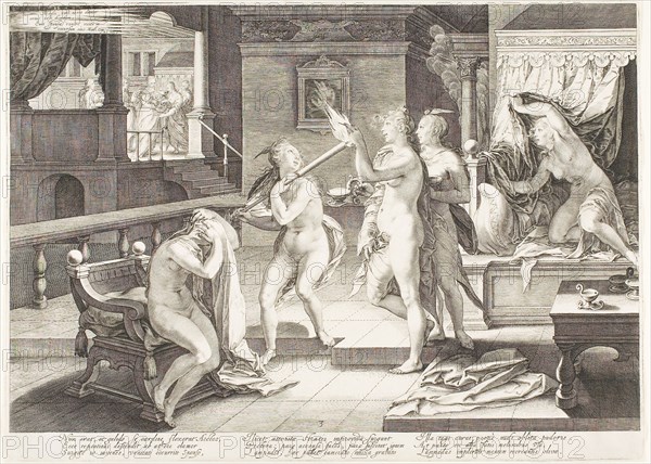 Plate Three, from Five Wise and Five Foolish Virgins, 1606, Jan Saenredam, Netherlandish, 1565-1607, Netherlands, Engraving on paper, 268 x 371 mm (sheet, trimmed to platemark)