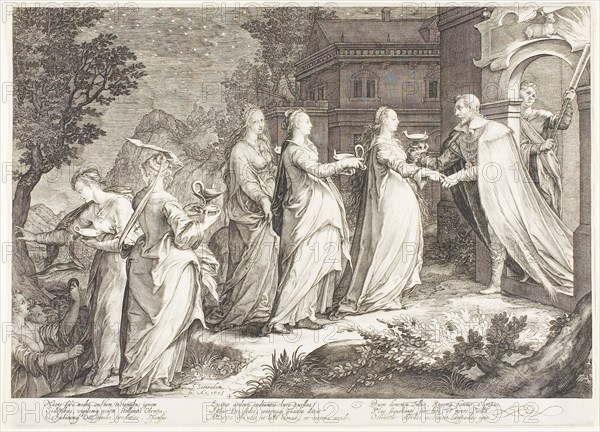 Plate Four, from Five Wise and Five Foolish Virgins, 1606, Jan Saenredam, Netherlandish, 1565-1607, Netherlands, Engraving on paper, 266 x 369 mm (sheet, trimmed to platemark)
