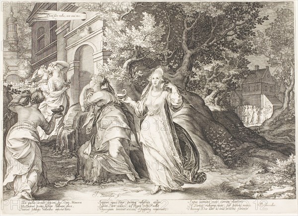 Plate Five, from Five Wise and Five Foolish Virgins, 1606, Jan Saenredam, Netherlandish, 1565-1607, Netherlands, Engraving on paper, 265 x 368 mm (sheet, trimmed to platemark)