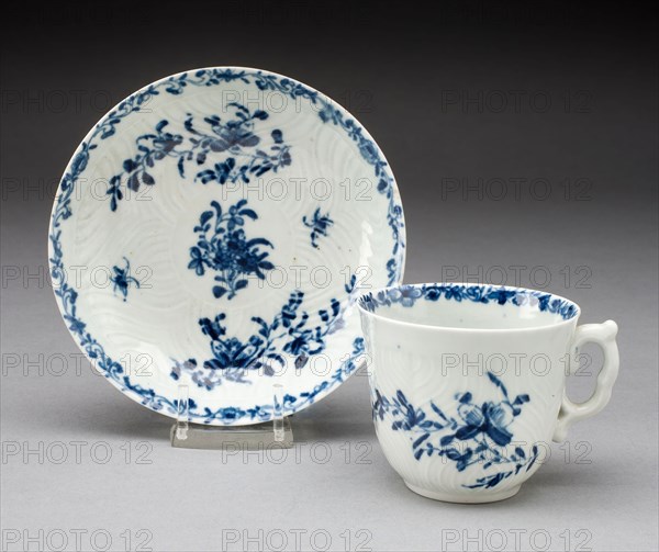 Coffee Cup and Saucer, c. 1760, Worcester Porcelain Factory, Worcester, England, founded 1751, Worcester, Soft-paste porcelain, underglaze blue decoration, Cup: 5.7 x 6.7 cm ( 2 1/4 x 2 5/8 in.), Saucer: diam. 11.4 cm (4 1/2 in.)