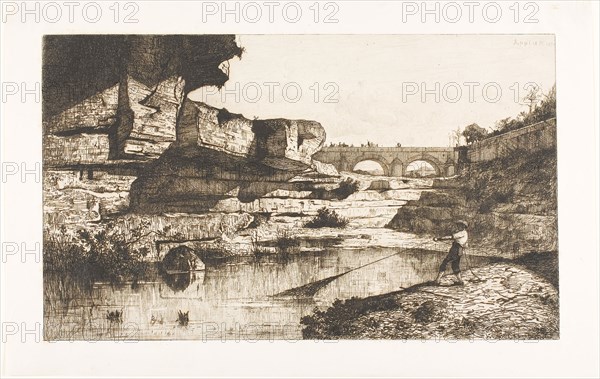 Bridge at Hautville, 1870, Adolphe Appian, French, 1818-1898, France, Etching on ivory laid paper, 216 × 363 mm (plate), 268 × 415 mm (sheet)
