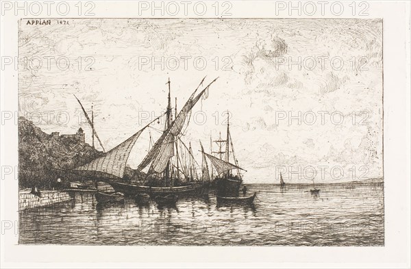 The Port of Monaco, 1873, Adolphe Appian, French, 1818-1898, France, Etching on ivory chine applied to white wove paper, 132 × 211 mm (image), 151 × 232 mm (chine collé), 362 × 520 mm (sheet)