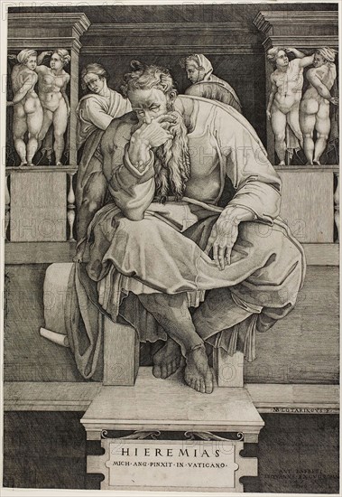 Jeremiah, 1547, Nicolas Beatrizet (French, 1515-after 1565), after Michelangelo Buonarroti (Italian, 1475-1564), France, Engraving on paper, 428 × 295 mm (sheet, trimmed to platemark)