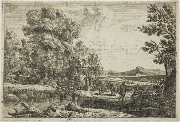 The Wooden Bridge (Rebecca and Eliezer), 1638–41, Claude Lorrain, French, 1600-1682, France, Etching on ivory laid paper, 126 × 189 mm (image), 134 × 195 mm (sheet, cut within platemark)