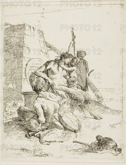 Satyr Family with the Obelisk, from Scherzi, 1735–40, Giambattista Tiepolo, Italian, 1696-1770, Italy, Etching on paper, 225 x 175 mm (plate), 234 x 182 mm (sheet)