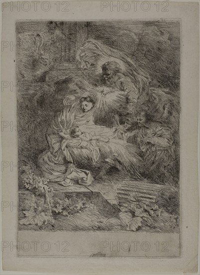 The Nativity with God the Father and Angels, after 1647, Giovanni Benedetto Castiglione, Italian, 1609-1664, Italy, Etching on ivory laid paper, 295 x 207 mm (plate), 335 x 244 mm (sheet)