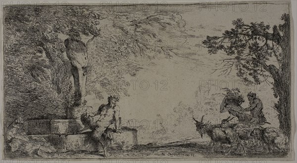 Satyr Resting beneath a Herm, 1645–47, Giovanni Benedetto Castiglione, Italian, 1609-1664, Italy, Etching on paper, 118 x 213 mm (sheet)