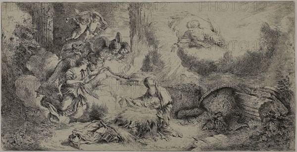 The Nativity with God the Father and Angels, after 1647, Giovanni Benedetto Castiglione, Italian, 1609-1664, Italy, Etching on ivory laid paper, 205 × 402 mm