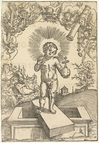 The Infant Christ as Redeemer, c. 1515, Lucas Cranach the Elder, German, 1472-1553, Germany, Woodcut in black on tan laid paper, 245 x 170 mm (image/block/sheet)