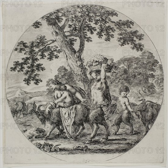 Satyr Family Walking, c. 1657, Stefano della Bella, Italian, 1610-1664, Italy, Etching on ivory laid paper, 221 x 222 mm (plate), 230 x 229 mm (sheet)