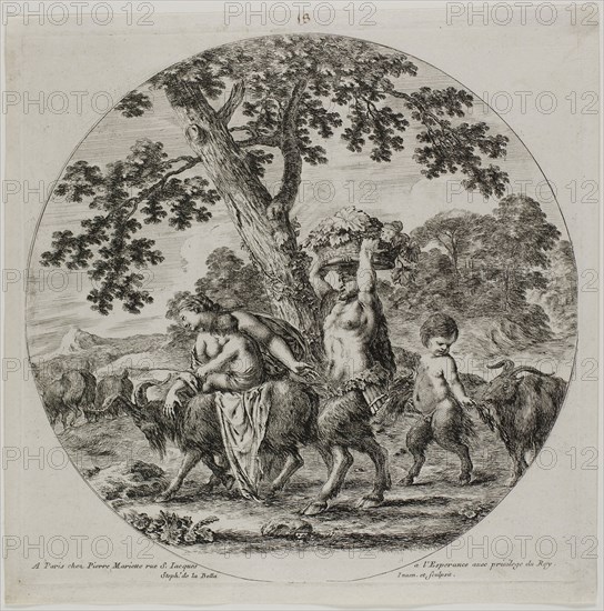 Satyr Family Walking, c. 1657, Stefano della Bella, Italian, 1610-1664, Italy, Etching on ivory laid paper, 221 x 222 mm (plate), 237 x 237 mm (sheet)