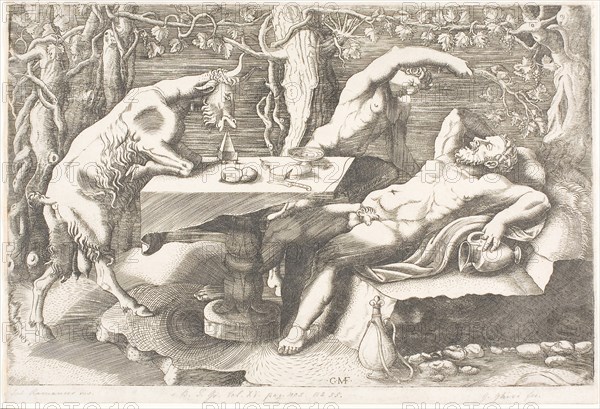 Satyr Trying to Wake Silenus with a Grapevine, c. 1540, Giorgio Ghisi, Italian, 1520-1582, Italy, Engraving in black on ivory laid paper, 202 x 310 mm (plate), 215 x 315 mm (sheet)
