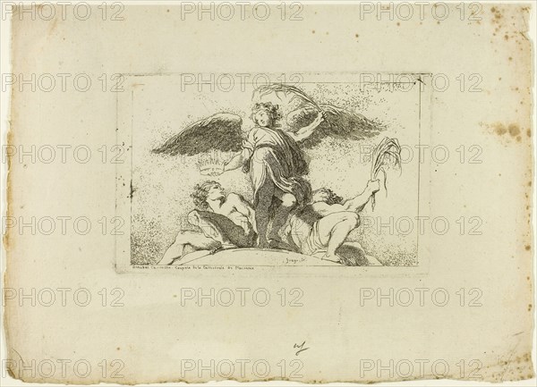 Angel Holding a Palm and a Crown, 1764, Jean Honoré Fragonard (French, 1732-1806), after Annibale Carracci (Italian, 1560–1609), France, Etching on ivory laid paper, 82 × 128 mm (image), 90 × 140 mm (plate), 167 × 234 mm (sheet)