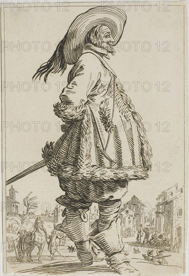 The Gentleman in the Fur-Trimmed Mantle with his Hands Behind his Back, from the series The Nobility of Lorraine, 1620/23, Jacques Callot, French, 1592-1635, France, Etching on paper, 140 × 96 mm (sheet, cut within plate mark)