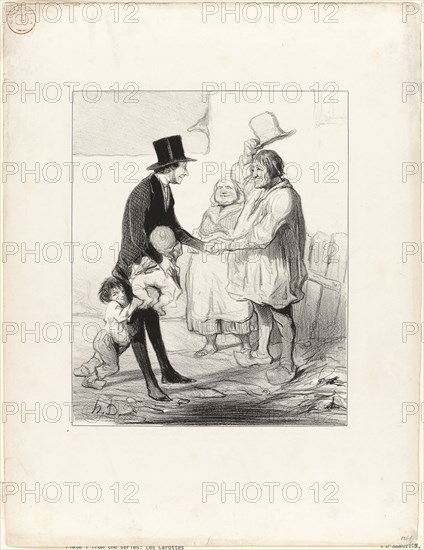 The Election Hoax. My dear friend… do not think that I have come to ask you for your vote. I respect the independence of opinion too much for that. It is the Baroness who said to me:  Go see that poor Galouzet, tell his little wife that she is neglecting me and that I am angry with her for that. Ask about their lovely children, and say that I absolutely insist on having them over for dinner, plate 1 from Les Carottes, 1844, Honoré Victorin Daumier, French, 1808-1879, France, Lithograph in black on off-white wove paper, 220 × 182 mm (image), 356 × 270 mm (sheet)