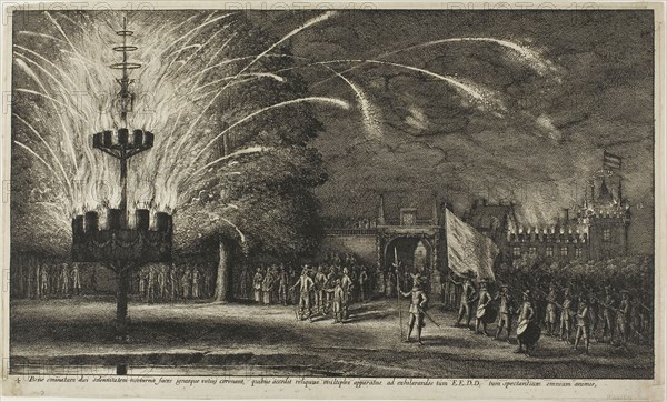 Fireworks at Hemissem, c. 1650, Wenceslaus Hollar, Czech, 1607-1677, Bohemia, Etching on ivory laid paper, 249 × 414 mm