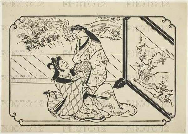 Behind the Screen, c. 1673/81, Hishikawa Moronobu, Japanese, (?)-1694, Japan, Woodblock print, sumizuri-e, oban yoko-e, 27.2 x 38.4 cm
