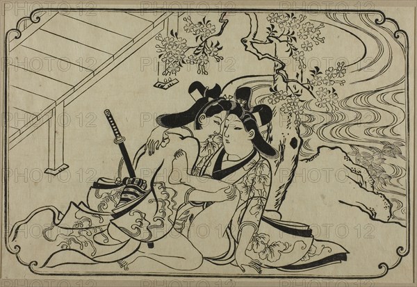 Lovers in the Garden, from an Untitled Series of Erotic Prints, c. 1673/81, Hishikawa Moronobu, Japanese, (?)-1694, Japan, Woodblock print, oban, sumizuri-e, 23 x 34.5 cm (9 1/16 x 13 15/16 in.)