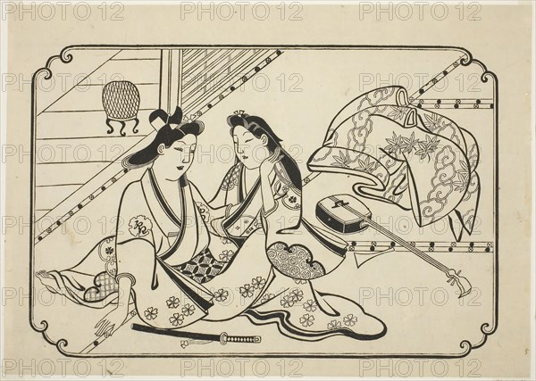 After a little music, from an untitled series of 12 erotic prints, c. 1673/81, Attributed to Hishikawa Moronobu, Japanese, (?)-1694, Japan, Woodblock print, oban, sumizuri-e, 27.2 x 38.3 cm
