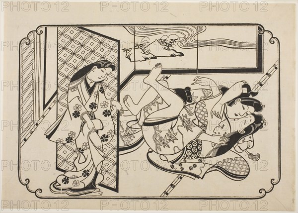 A Courtesan with Her Client, the first sheet of an untitled erotic picture album, c. 1673/81, Hishikawa Moronobu, Japanese, (?)-1694, Japan, Woodblock print, sumizuri-e, oban yoko-e, 27.2 x 38.3 cm