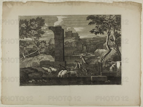 Landscape with a Shepherd and His Flock, 1668–71, Sébastien Bourdon, French, 1616-1671, France, Etching on ivory laid paper, 302 × 440 mm (plate), 441 × 596 mm (sheet)
