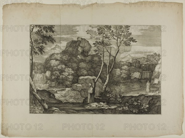 Landscape with a Dead Man and Two Priests, 1668–71, Sébastien Bourdon, French, 1616-1671, France, Etching on ivory laid paper, 296 × 435 mm (plate), 440 × 593 mm (sheet)