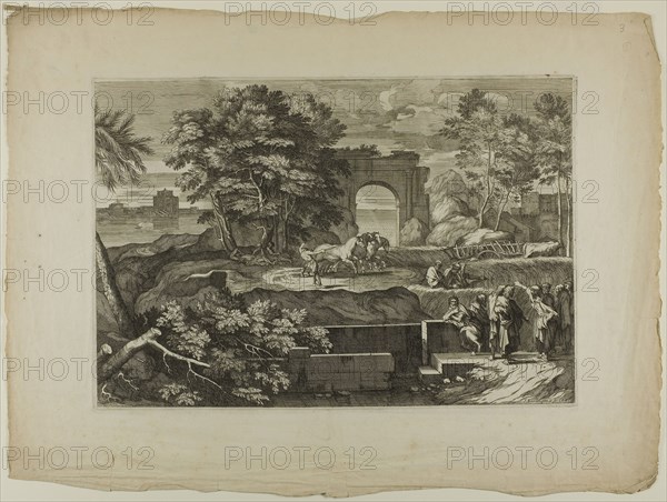 Christ and His Disciples with a Triumphal Arch in the Distance, 1668–71, Sébastien Bourdon, French, 1616-1671, France, Etching on ivory laid paper, 303 × 442 mm (plate), 440 × 588 mm (sheet)