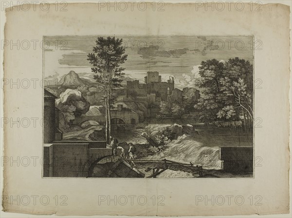 Waterfall at a Stone Bridge, with Castle in the Distance, 1668–71, Sébastien Bourdon, French, 1616-1671, France, Etching on ivory laid paper, 300 × 441 mm (plate), 435 × 595 mm (sheet)