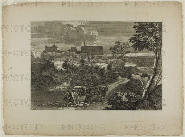 Two Carters Pushing Their Cart and Animals, 1668–71, Sébastien Bourdon, French, 1616-1671, France, Etching on ivory laid paper, 297 × 439 mm (plate), 442 × 588 mm (sheet)