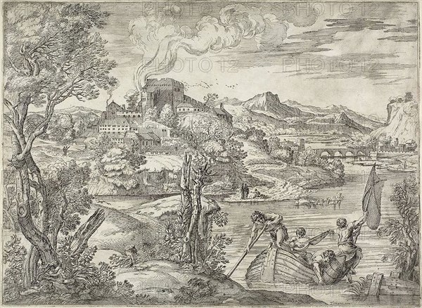 Landscape with a Luteplayer, 1627, Unknown artist, after Giovanni Francesco Grimaldi (Italian, c. 1606-1680), after Titian (Italian, c. 1488-1576), Venice, Etching on ivory laid paper, 343 x 470 mm (image), 347 x 473 mm (sheet)
