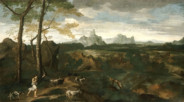 Landscape with a Herdsman and Goats, c. 1635, Gaspard Dughet, French, 1615-1675, France, Oil on canvas, 26 3/4 × 47 7/16 in. (68 × 120.4 cm)