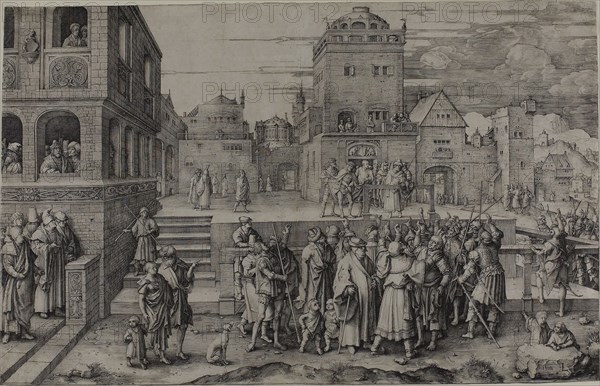 The Large Ecce Homo, 1510, Lucas van Leyden, Netherlandish, c. 1494-1533, Netherlands, Engraving in black on ivory laid paper, 283 x 446 mm (image/sheet trimmed within plate mark)