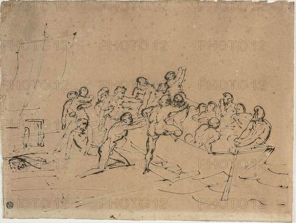The Rescue of the Survivors of the Raft of the Medusa, c. 1818, Jean Louis André Théodore Géricault, French, 1791-1824, France, Pen and brown ink, over traces of graphite, on tan wove paper, 225 × 301 mm