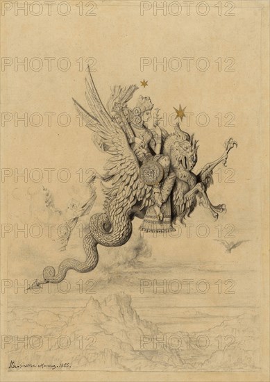 La Peri (Mythological Subject), 1865, Gustave Moreau, French, 1826-1898, France, Graphite, with brush and black ink, gray wash, and touches of gold metallic paint, heightened with traces of white gouache, on cream wove tracing paper, laid down on ivory wove paper, 357 × 255 mm