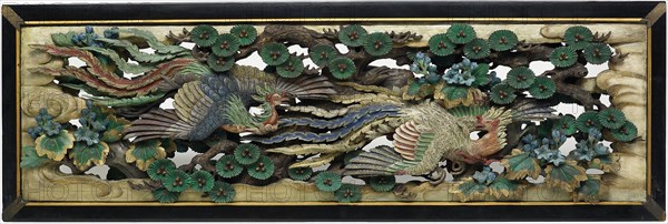 Two carved wooden transoms (ramma) panels from the Hooden, 1893, Takamura Koun, Japanese, 1852-1934, Japan, Wood with polychromy, 92.7 × 278.8 × 20.3 cm (36 1/2 × 109 3/4 × 8 in.) (each) (appro×imate)