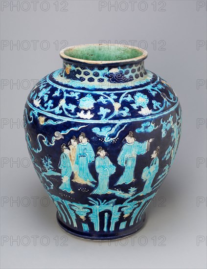Jar with Scholars in Garden, Ming dynasty (1368–1644), 16th century, China, Fahua ware, stoneware with biscuit outlines and underglaze molded decoration, H. 35.1 cm (13 13/16 in.), diam. 30.5 cm (12 in.)
