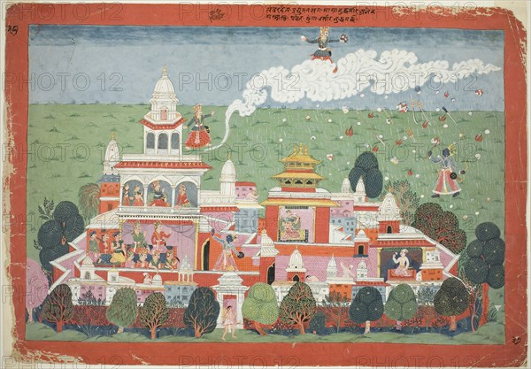 Pradyumna Enters the Palace of the Demon Sambar and Challenges him to Battle, page from a manuscript of the Bhagavata Purana, c. 1775, Nepal, Nepal, Opaque watercolor on paper, 36.2 x 52.7 cm (14 1/4 x 20 3/4 in.)