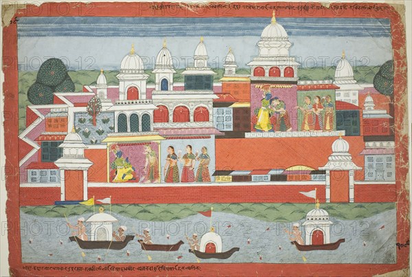 Rukmini Seeks Krishna’s Permission to Visit her Brother Rukma, page from a manuscript of the Bhagavata Purana, c. 1775, Nepal, Nepal, Opaque watercolor on paper, 53.3 x 38.7 cm (21 x 14 1/4 in.)