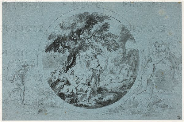 Birth of Adonis, 1775/1785, Giovanni Battista Cipriani, Italian, 1727-1785, Italy, Pen and black ink, and brush and black and gray wash, on blue laid paper, laid down on ivory laid paper, perimeter mounted on ivory laid paper, 269 x 409 mm