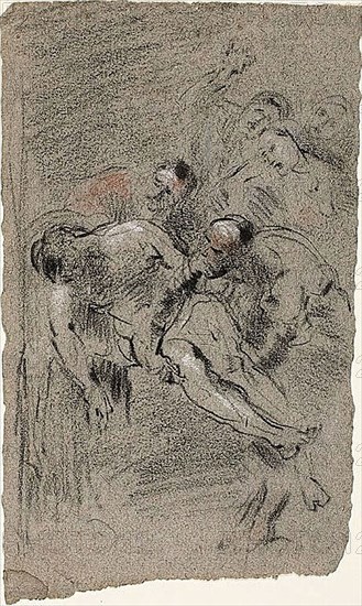 Deposition, 1863, Jean Baptiste Carpeaux (French, 1827-1875), after Dirck van Baburen (Netherlandish, c.1590-1624), France, Black, red and white chalk on gray laid paper, 224 × 135 mm