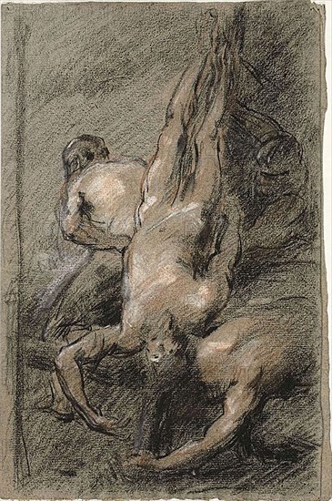 Martyrdom of Saint Peter, 1863, Jean Baptiste Carpeaux (French, 1827-1875), after Anthony van Dyck (Flemish, 1599-1641), France, Black, red and white chalk on gray-brown laid paper, 236 × 308 mm