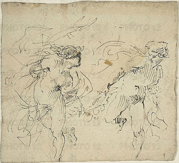 Two Running Male Figures, n.d., Jean Baptiste Carpeaux, French, 1827-1875, France, Pen and brown ink, over traces of graphite, on cream wove paper, 121 × 133 mm, Roosters and Blossoming Apricots, Qing dynasty (1644–1911), Ren Yi [Ren Bonian], Chinese, 1840-1895, China, Hanging scroll, ink and colors on paper, 135.0 × 66.0 cm (53 1/8 × 26 in.)