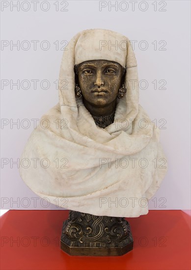 Female Bust (possibly Aïda), c. 1875, Pietro Calvi, Italian, 1833-1884, Italy, Marble and bronze, H. 49.5 cm (19 1/2 in.)