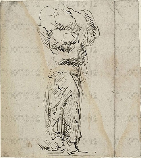 Standing Female Figure Carrying a Large Bundle, n.d., Jean Baptiste Carpeaux, French, 1827-1875, France, Pen and brown ink on ivory wove paper, 126 × 114 mm