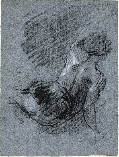 Back View of Seated Figure, Lifting Left Arm, n.d., Jean Baptiste Carpeaux (French, 1827-1875), after Jean Louis André Théodore Géricault (French, 1791-1824), France, Black and white chalk on blue wove paper, 160 × 122 mm