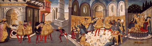 The Assassination and Funeral of Julius Caesar, 1455/60, Workshop of Apollonio di Giovanni and Marco del Buono Giamberti, Italian, 1415/17-1465 & 1403-1489, Italy, Tempera on panel, now transferred to canvas mounted on pressed hardboard and cradled, 39.5 x 126.7 cm (15 1/2 x 49 7/8 in.)