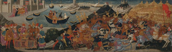 The Battle of Pharsalus and the Death of Pompey, 1455/60, Workshop of Apollonio di Giovanni and Marco del Buono Giamberti, Italian, 1415/17-1465 & 1403-1489, Italy, Tempera on panel, 40.5 × 127.5 cm (16 × 50 1/4 in.)