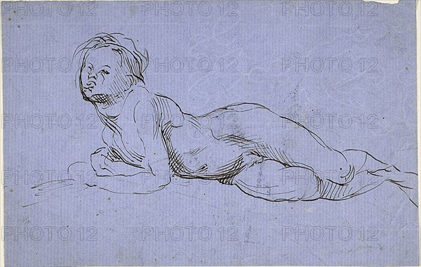 Young Boy Reclining, n.d., Jean Baptiste Carpeaux, French, 1827-1875, France, Pen and brown ink on blue laid paper, 135 × 210 mm