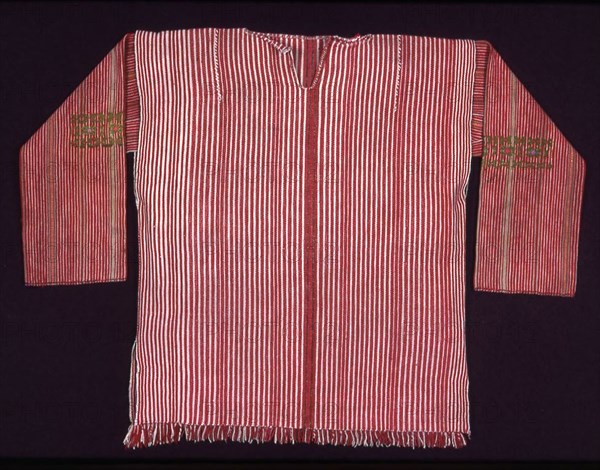 Shirt (Camisa), 1850/1900, Maya, Guatemala, Guatemala, Cotton, warp-faced plain weave in stripes formed by paired warps and wefts, inset sleeves with embroiderd decorations, 60.3 x 128.9 cm (23 3/4 x 50 3/4 in.)